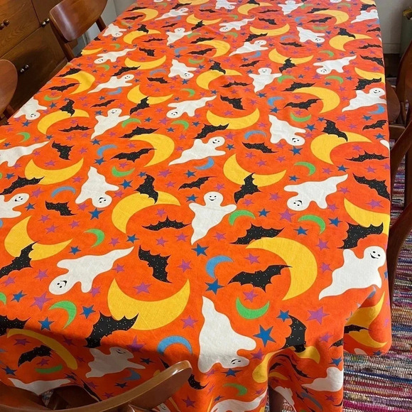 Unbranded Halloween Tablecloth Orange Black Ghost Cat Rectangle 100"x60" Oblong - Picture 3 of 4